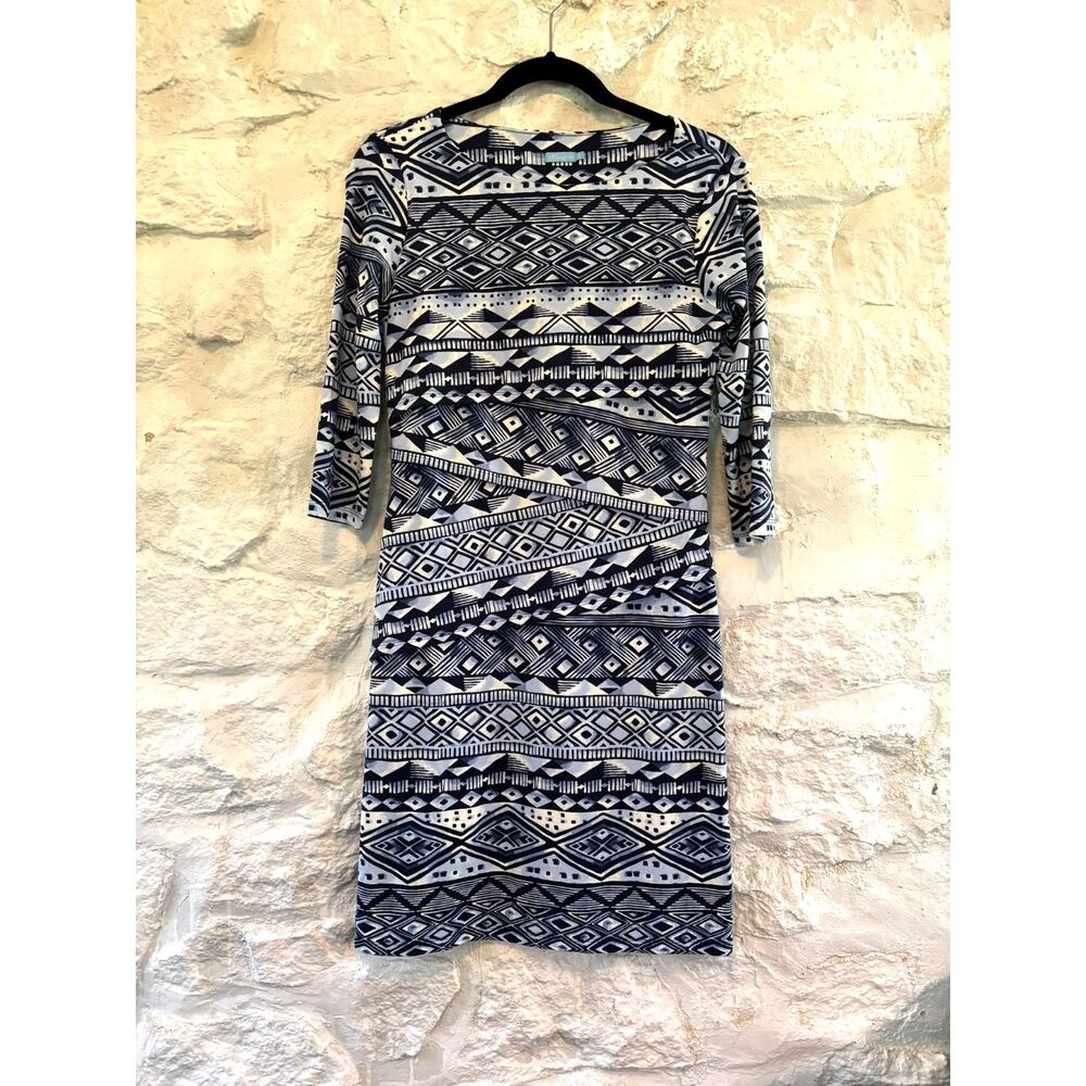 J. McLaughlin Catalina Cloth Tiered Dress | Blue White Geometric | Travel Ready